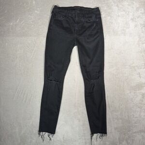 MOTHER Jeans Womens 28 Black Distressed Skinny Denim Ripped Knees Raw Fray Hem